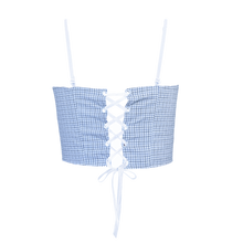 Load image into Gallery viewer, Upcycled Corset Top w/ Cuff Bracelets - Classic Blue Patterned